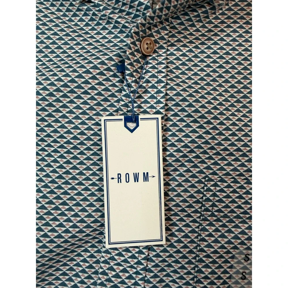 ROWM Mens Small Short Sleeve Button Down Shirt Geometric Triangle Print NWT Blue